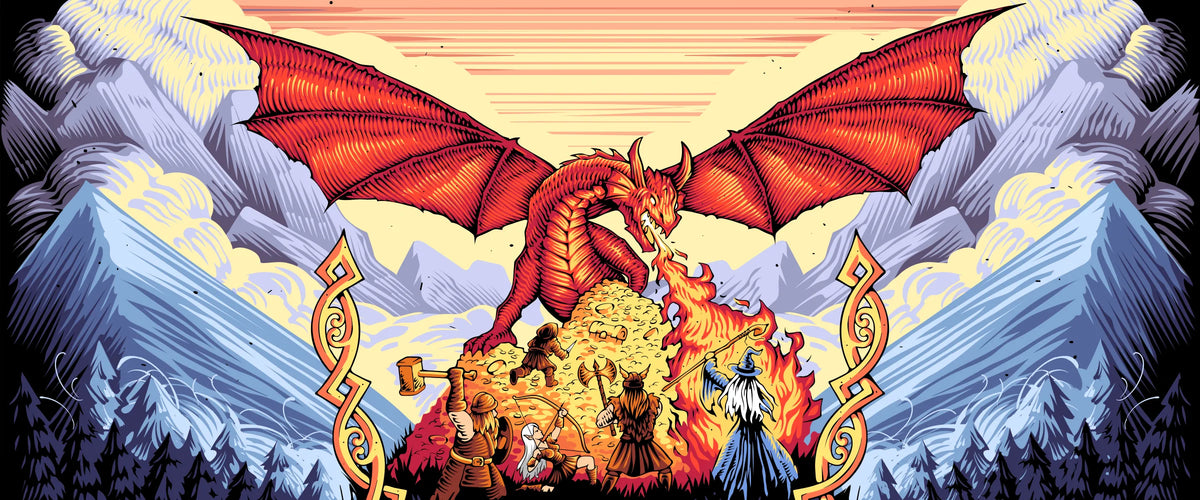 Illustration of a dragon breathing fire at five figures with mountains and sky in the background