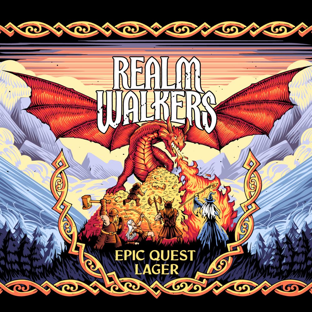 Beer label for 'Realm Walkers Epic Quest Lager' featuring a dragon and adventurers in a fantasy scene.